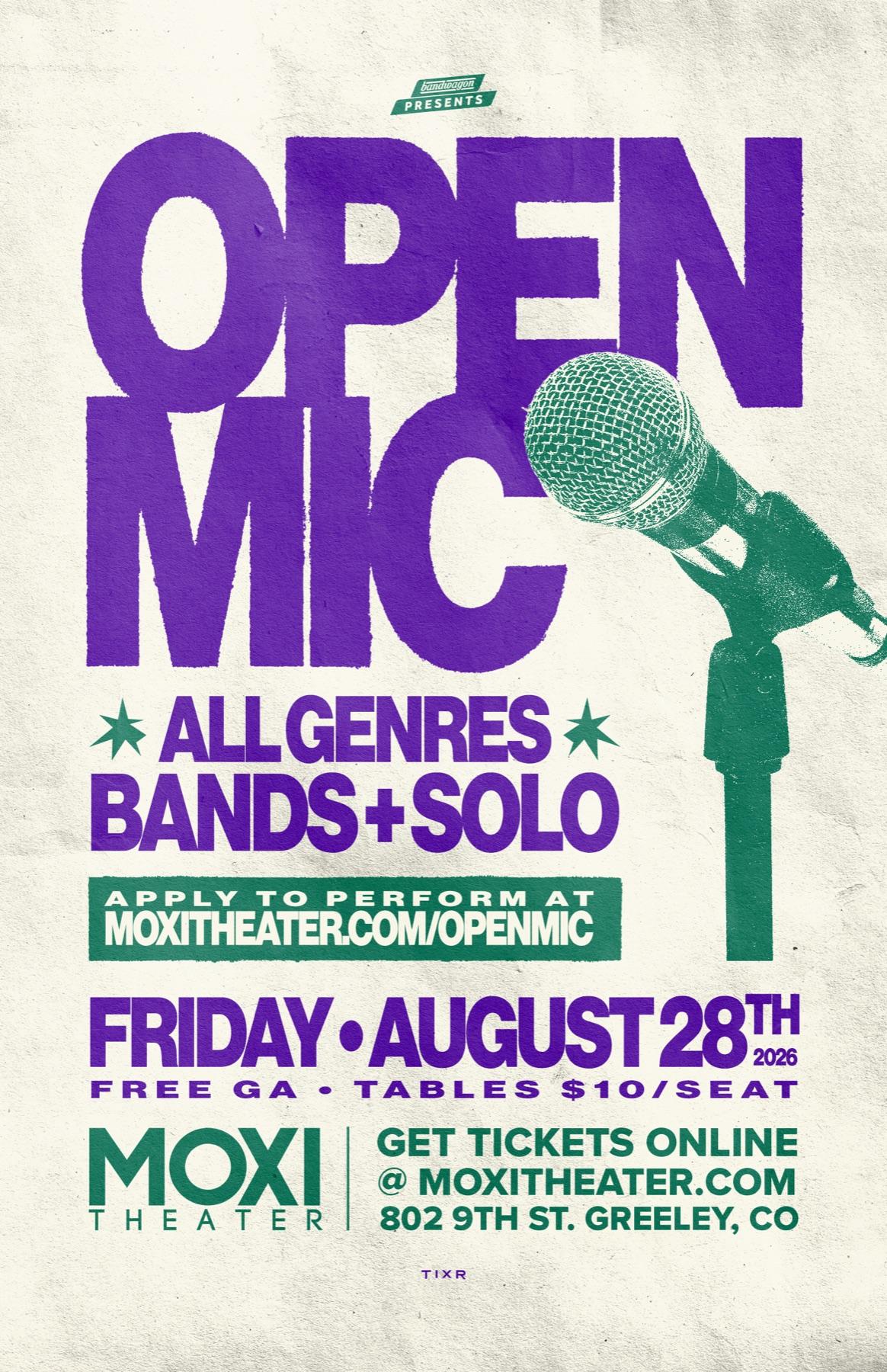 Moxi Theater Open Mic poster for Friday, August 28, 2026